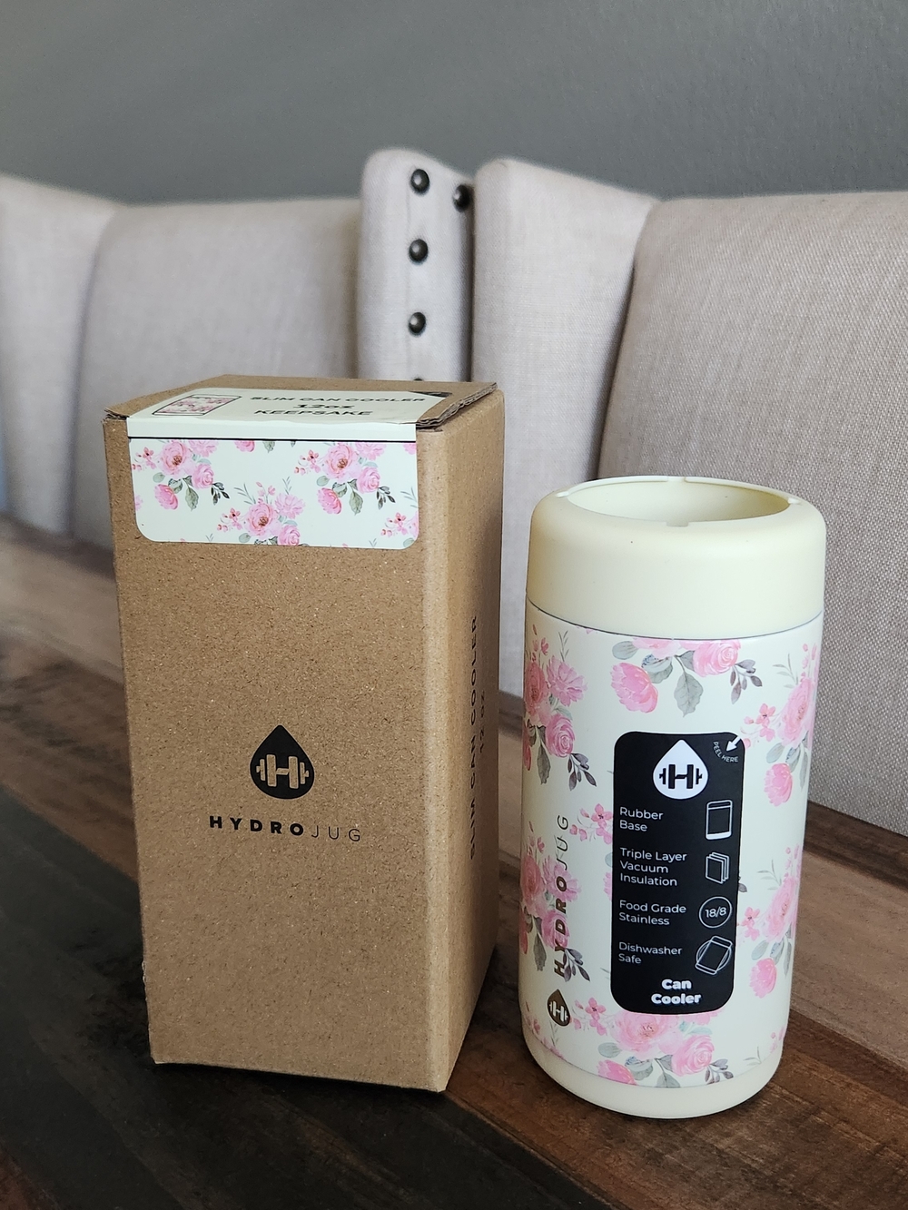 HydroJug Cream Floral Slim Can Cooler with Pink Roses Keepsake
